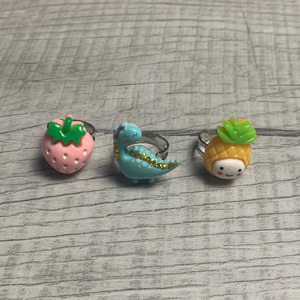 Kids Adjustable Resin Rings Set of 3 Strawberry Dinosaur Pineapple Character